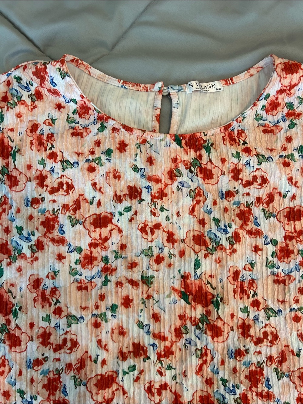 “Cottagecore” vibe: PleatedTextured Blouse with Orange Flowers and Puff Sleeves